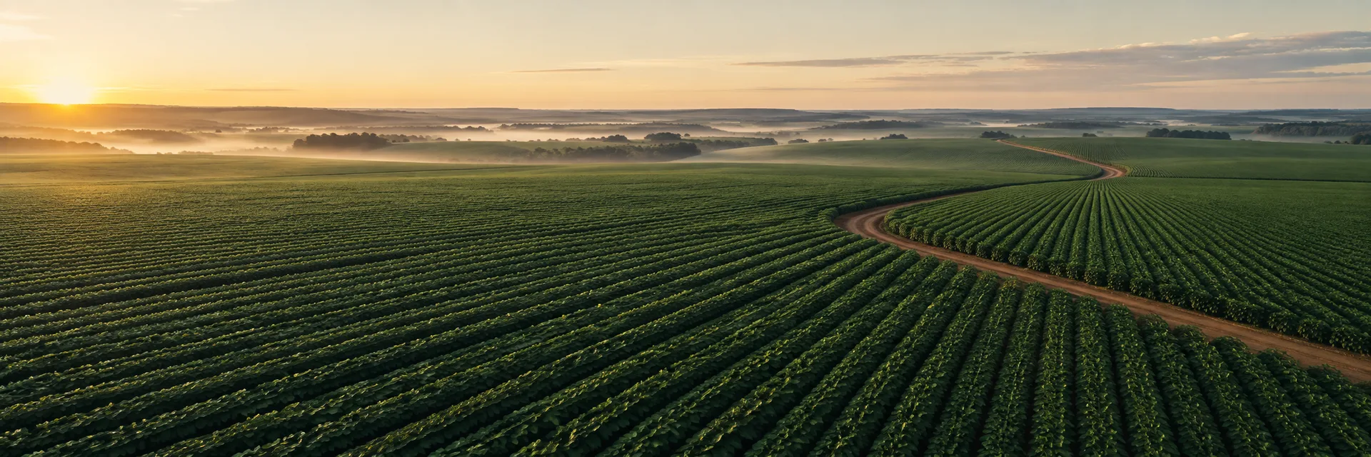 Vista de lavoura de grãos ao amanhecer, com linhas de plantio e uma estrada atravessando o campo